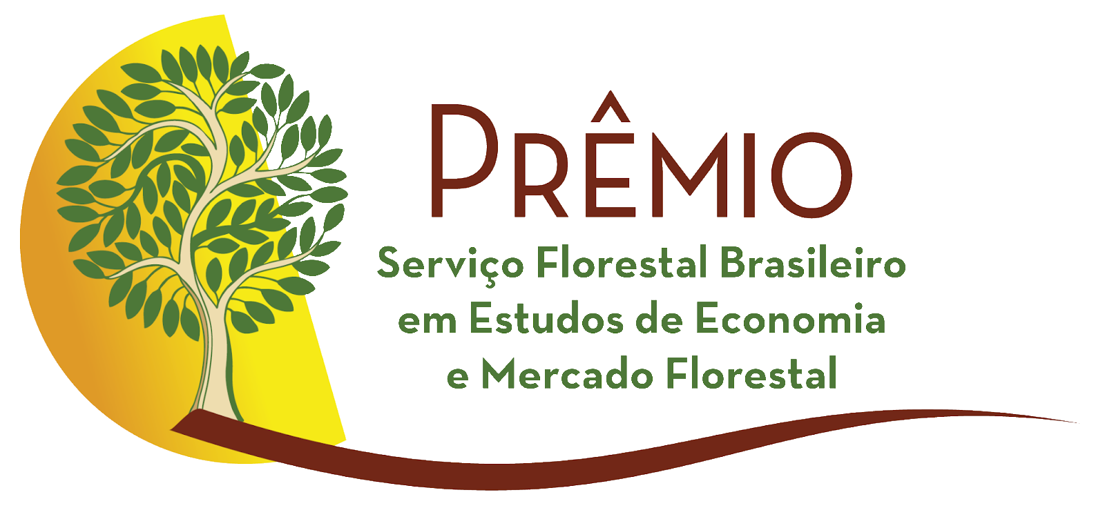 Logo Prêmio SFB, com árvore, semicírculo amarelo atrás e linha curva marrom. abaixo