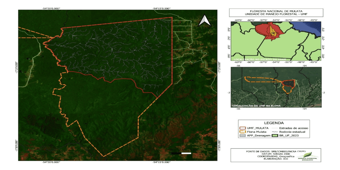 Mapa da Floresta Nacional de Mulata, no Pará, com destaque para a Unidade de Manejo Florestal delimitada em laranja sobre imagem de satélite. À direita, mapas de localização da área no estado e na Flona, além de legenda com estradas, drenagens e limites da unidade.