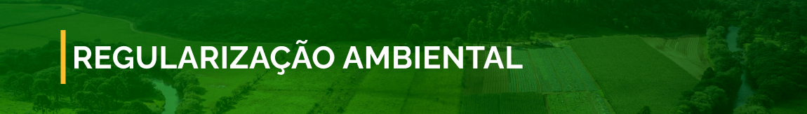 Banner verde com fundo de paisagem rural e o texto “Regularização Ambiental” em branco.