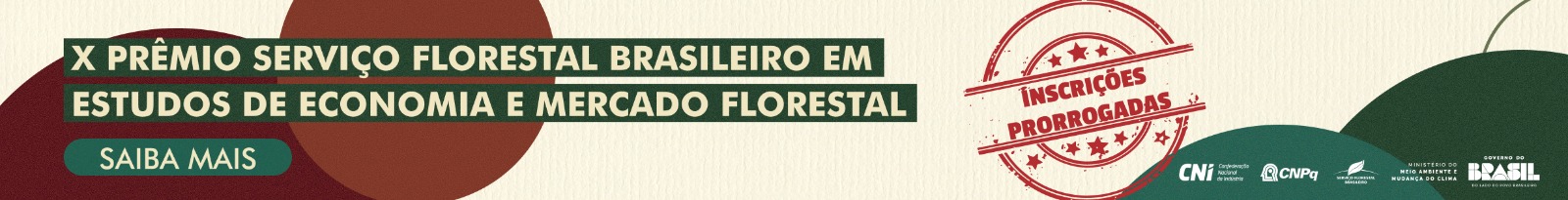 Banner do X Prêmio do Serviço Florestal Brasileiro com inscrições abertas e logos institucionais.