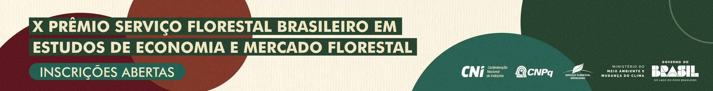 Banner do X Prêmio do Serviço Florestal Brasileiro com inscrições abertas e logos institucionais.
