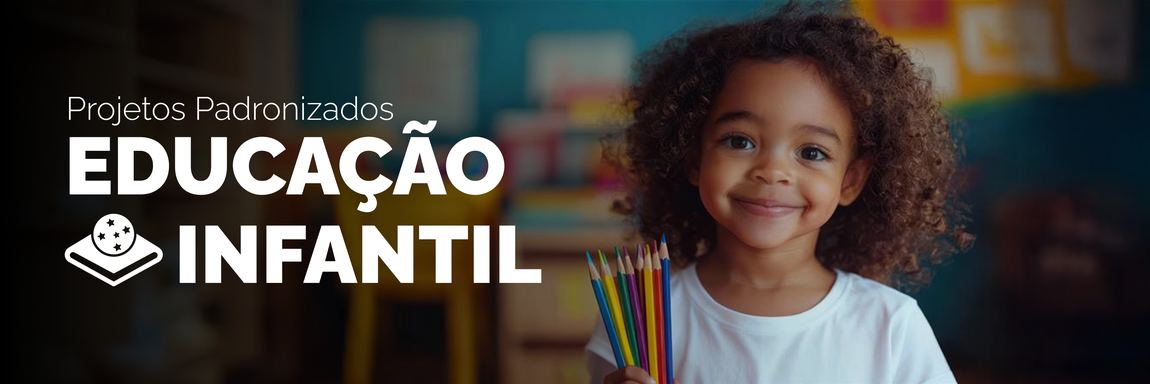 Banner principal projetos padronizados da educação básica com criança segurando conjunto de lápis coloridos.