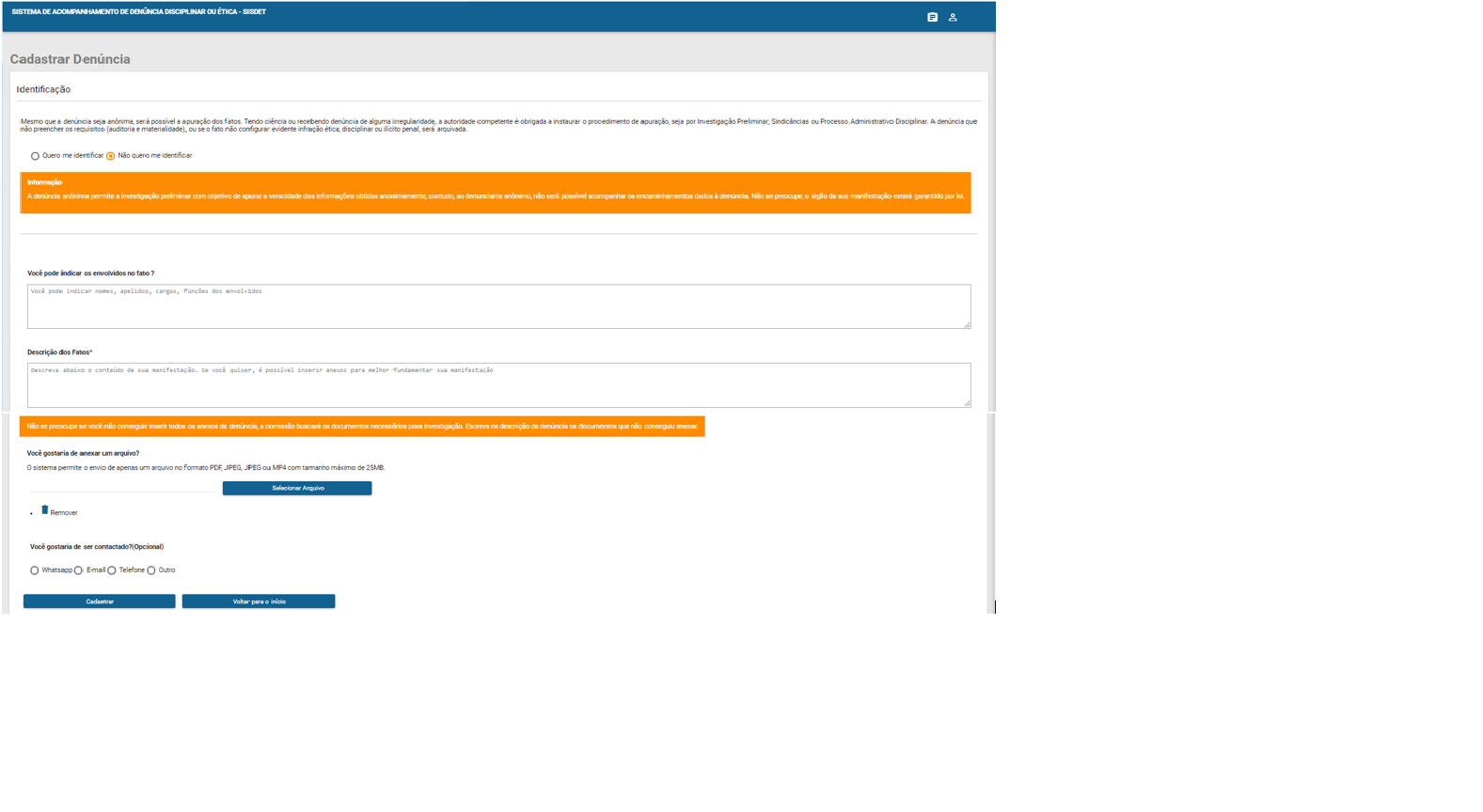 Tela SISDET Cadastro Denúncia Anônima