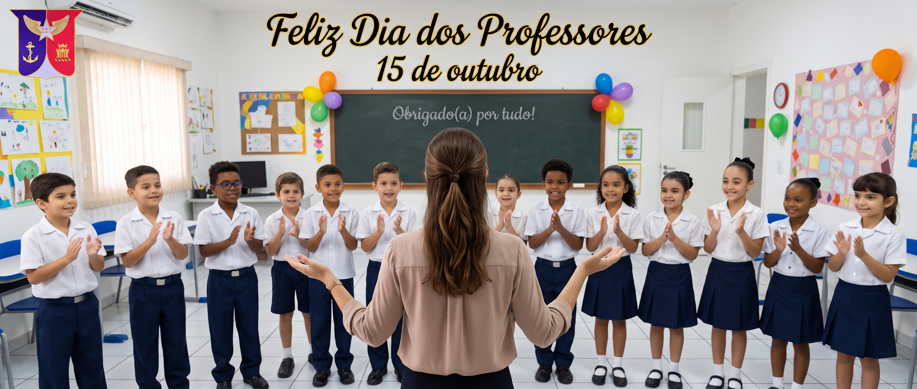 Imagem com vários alunos em sala de aula em pé rodeando uma professora