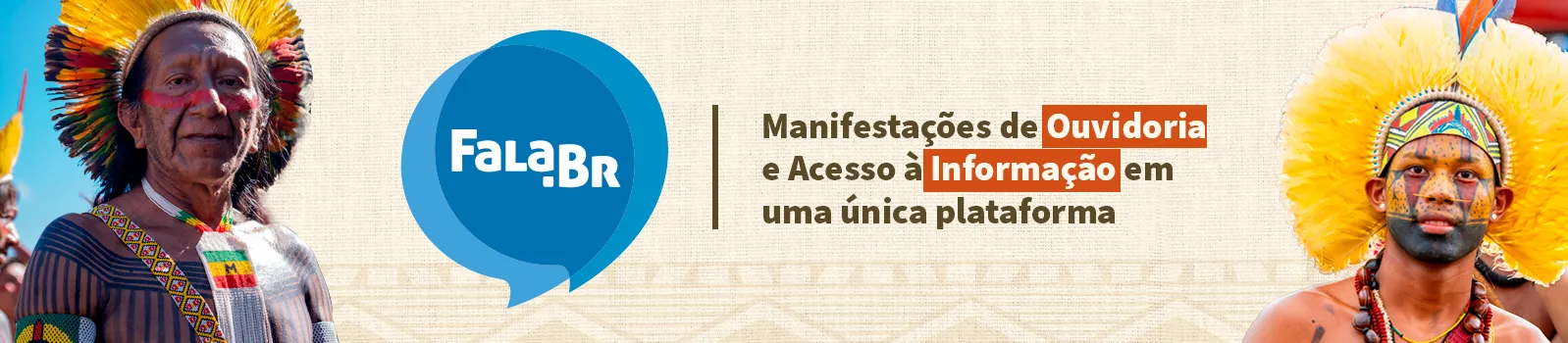 Imagens de dois indígenas com o texto FALA.BR - Manifestações de Ouvidoria e Acesso à Informação