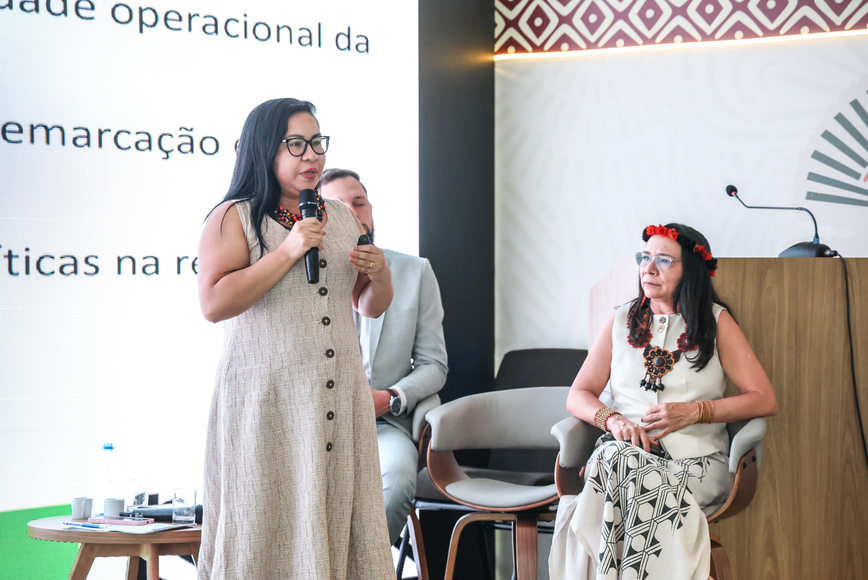 Diretora da Diretoria de Administração e Gestão da Funai fala ao microfone durante seminário