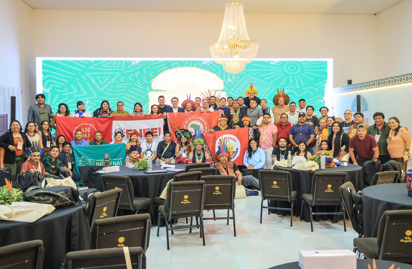 Representantes de organizações indígenas e participantes do seminário posam no palco