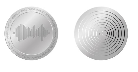 Imagem apresenta a frente e o verso de uma medalha redonda prateada. Na parte da frente, no centro, há traços formando uma frequência vocal que ilustra o grito do Ipiranga. As palavras Grito do Ipiranga em letras maiúsculas são repetidas ao redor da medalha. No verso, no centro, aparece a letra A maiúscula pequena acompanhada de um círculo também pequeno. Ao redor disso, várias circunferências vão aumentando do meio ao fim, dando a impressão de profundidade.    