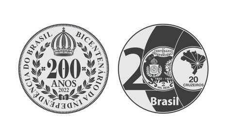 Imagem apresenta dois círculos representando a frente e o verso de uma medalha prateada. Na parte da frente, um desenho de uma coroa grande acima e abaixo o numeral 200 grande acompanhado da palavra anos em letra maiúscula. Logo abaixo o ano 2022 escrito pequeno. Em volta disso, um semicírculo de louros. Ao redor dos louros a frase bicentenário da independência do brasil em letras maiúsculas. No verso, a medalha é dividida em três partes por meio de linhas circulares. Na primeira linha, o numeral dois bem grande, no meio um emblema do centenário da independência e na terceira parte o mapa do Brasil com a palavra 20 cruzeiros. Abaixo, bem próximo da borda inferior a palavra Brasil. 