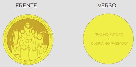 Imagem mostra dois círculos dourados representando a frente e o verso de uma medalha. Na frente, linhas finas formam pessoas de diferentes raças e classes sociais. Ao redor da figura, na borda, de cima, as palavras bicentenário da independência do Brasil. Na borda debaixo as datas 1822 e 2022. No verso, a medalha apresenta centralizada apenas a frase entre aspas e com letras maiúsculas: paz no futuro e glória no passado.