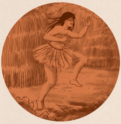 A imagem apresenta um círculo de cor bronze representando uma medalha. Traços finos de desenho formam uma mulher indígena bem centralizada e em destaque, em movimento de luta. Ela tem cabelos negros e lisos e eles estão soltos. Sua boca está aberta como se estivesse falando ou gritando algo. Um dos braços está levantado e o outro abaixado com o punho cerrado. Ela foi desenhada de lado. Está usando saia de palha e bustiê trançado. Na orelha, um tubo de madeira como brinco. Atrás dela, há linhas que formam ocas e vegetação. Ela está descalça e perto de seus pés tem pedras.  