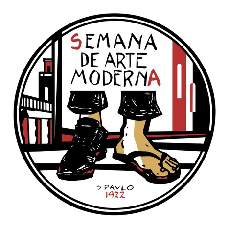 Imagem de um círculo representando uma medalha branca. Traços grossos formam os desenhos. No centro, o desenho de dois pés pisando no chão. Um deles está com sapato preto social e o outro com chinelo preto. A cor da pele é bege com uma faixa branca representando sombra. Acima da imagem, aparece a frase “semana de arte moderna” em letras grandes pretas e maiúsculas. Somente as letras S de semana e o último A de moderna é que estão destacados em vermelho. Atrás do desenho dos pés há linhas vermelhas e pretas formando monumentos de uma cidade.