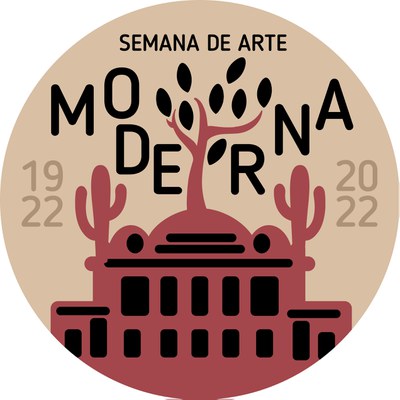 Imagem de um círculo representando uma medalha bege. Traços grossos formam os desenhos. No centro, o Theatro Municipal de São Paulo na cor vermelha desbotada com as janelas retangulares pretas. No topo do Theatro, nas laterais, há cactos vermelhos também. Na cúpula do monumento, bem acima, uma árvore com tronco e galhos no mesmo tom de vermelho e folhas pretas. Logo acima, bem rente à borda superior da medalha, as palavras semana de arte aparecem em letras pretas e maiúsculas em tamanho médio. A palavra moderna vem nas laterais da árvore, com as letras misturadas bem grandes, maiúsculas e pretas. Do lado esquerdo, a data 1922. E do lado direito a data 2022.