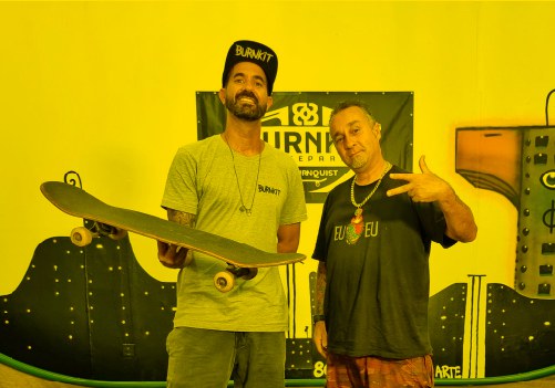 O skatista Bob Burnquist e o street artist Binho Ribeiro, no FUN ARTE (Divulgação)