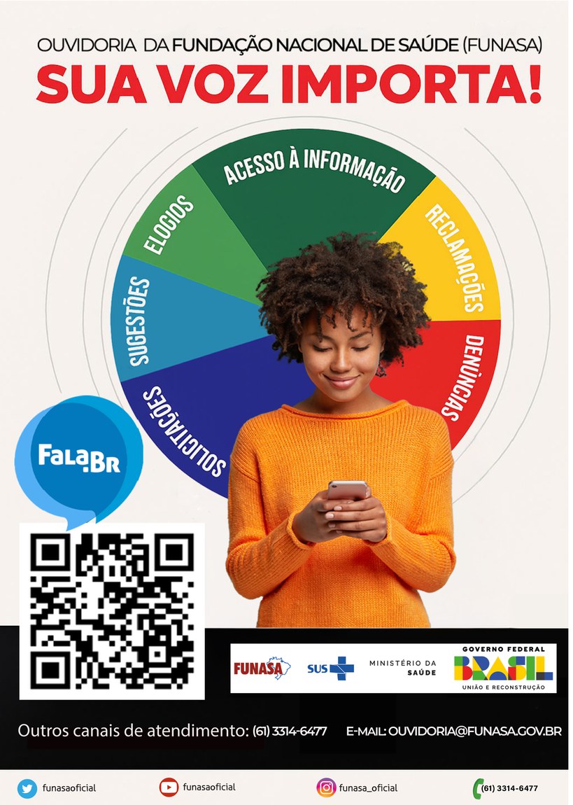 Cartaz Ouvidoria Funasa: Sua voz importa! Mulher sorri com celular. Link para o sistema EI.
