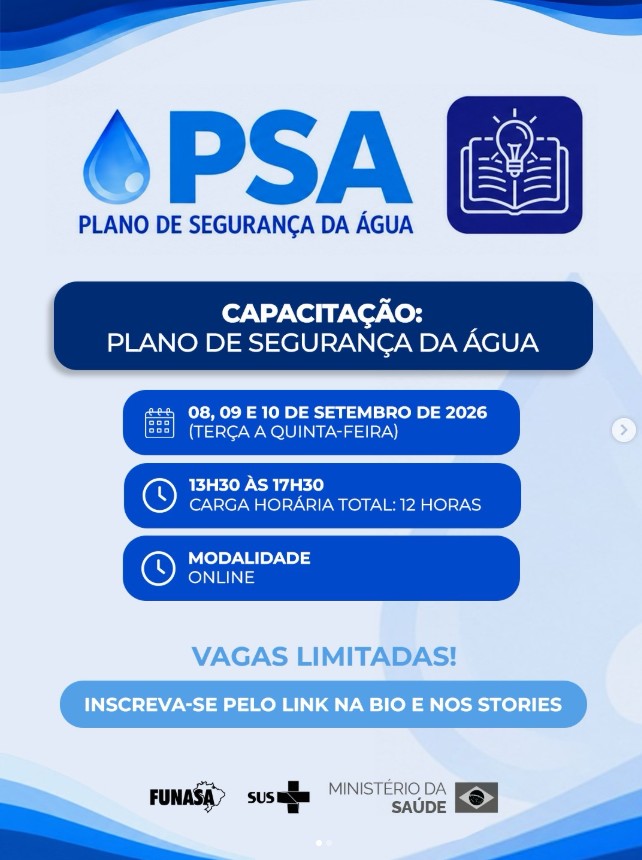 Banner de capacitação do Plano de Segurança da Água. Dias 8 a 10/09/2026, 13h30 às 17h30, online.