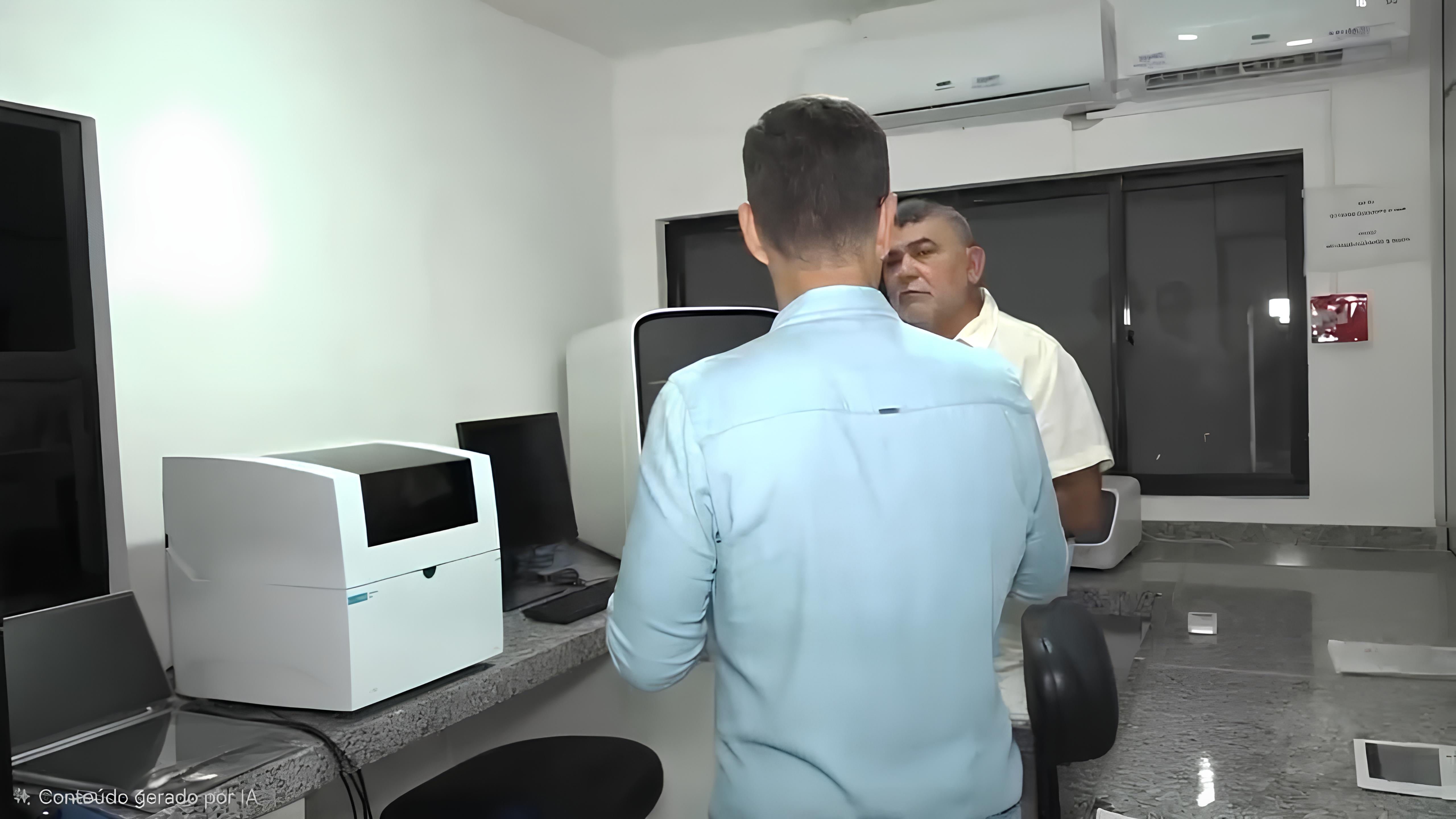 Dois homens conversam em laboratório equipado com aparelhos e computadores sobre bancadas.