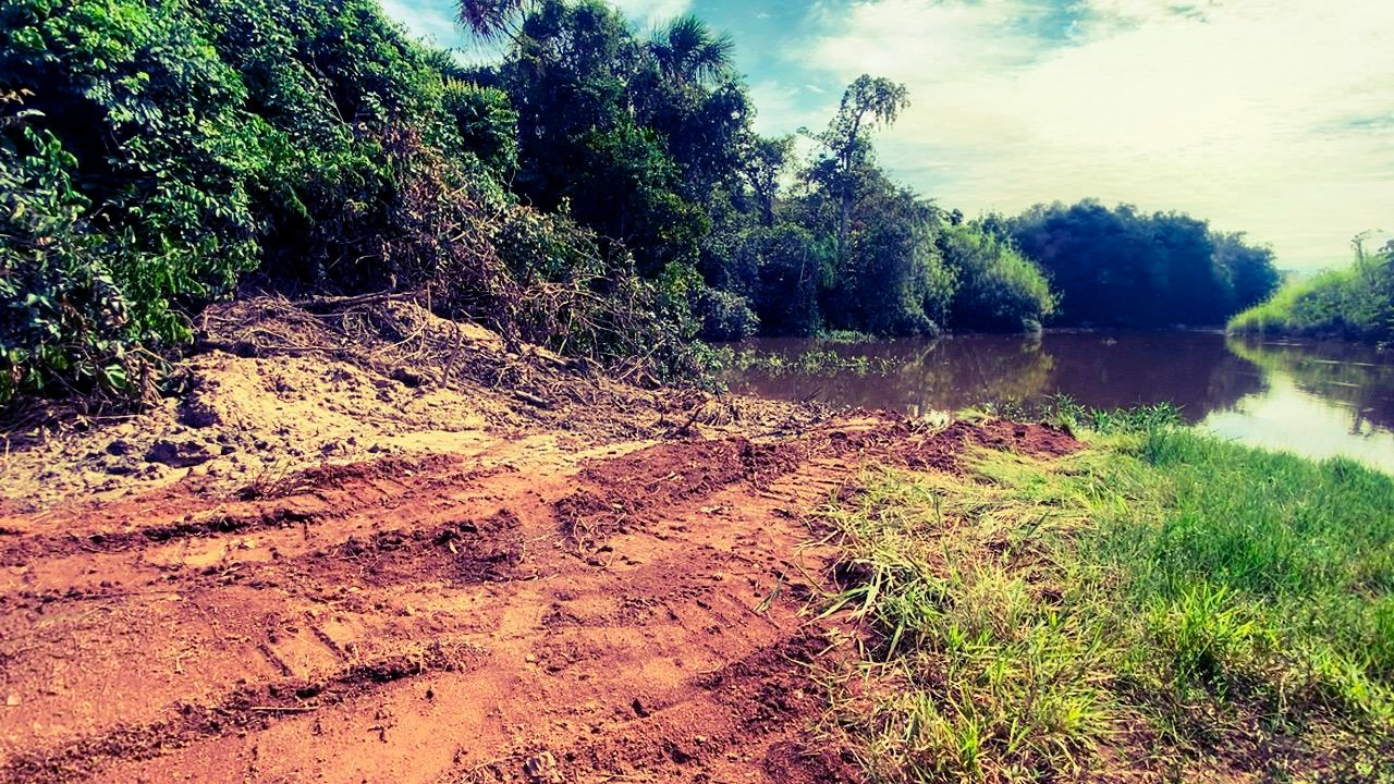 Trilha de terra batida na margem de um rio com vegetação fechada em dia ensolarado.