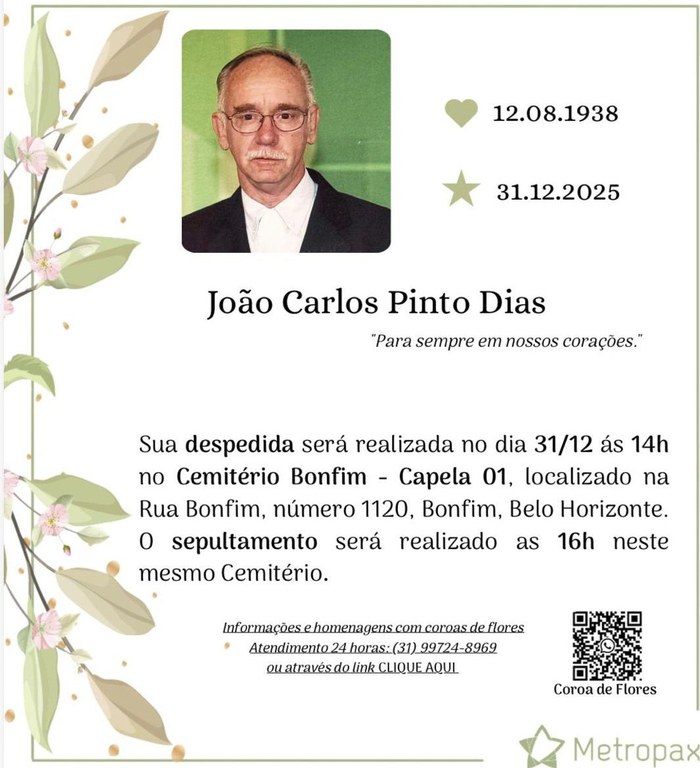 Nota de falecimento de João Carlos Pinto Dias, com foto do homenageado, datas de nascimento e falecimento e informações sobre velório e sepultamento.