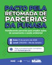 Banner do evento “Pacto pela Retomada de Parcerias da Funasa”, em 21/01/2026, no CREA/RJ, com logos da Funasa, SUS, MS e Governo do Brasil.