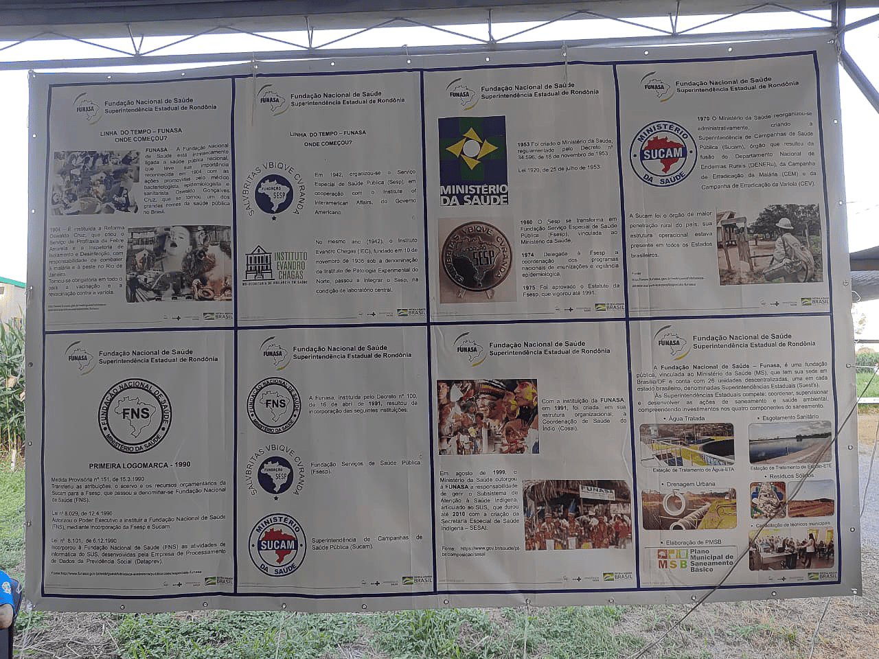 Painel retangular exibe a linha do tempo e evolução histórica da Funasa com textos e logomarcas.