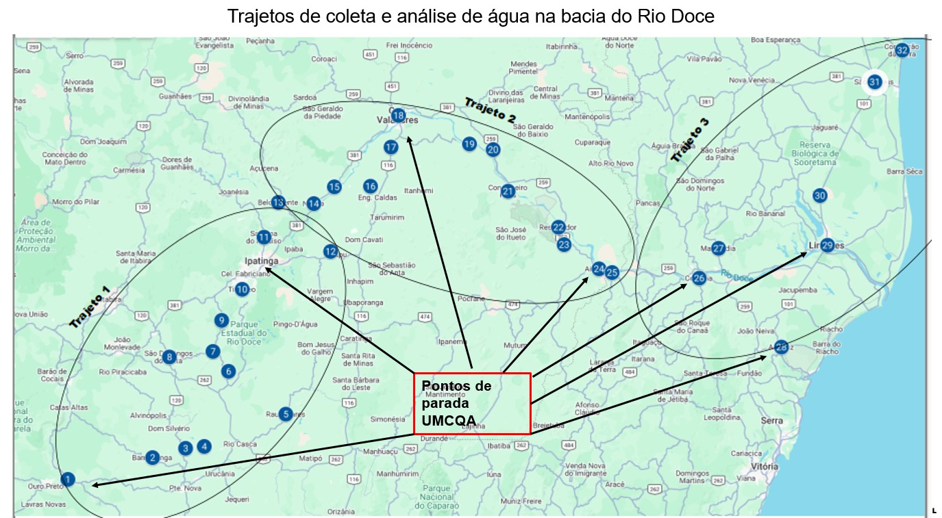 Mapa de Minas Gerais e Espirito Santo mostrando a rota das coletas.