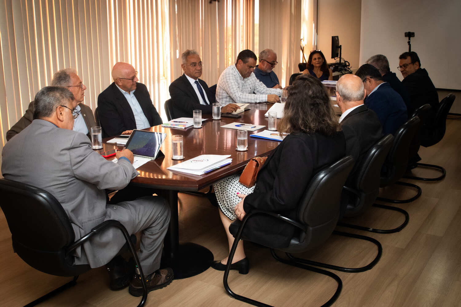 Gestores ao redor de mesa de reunião em sala iluminada por persianas.
