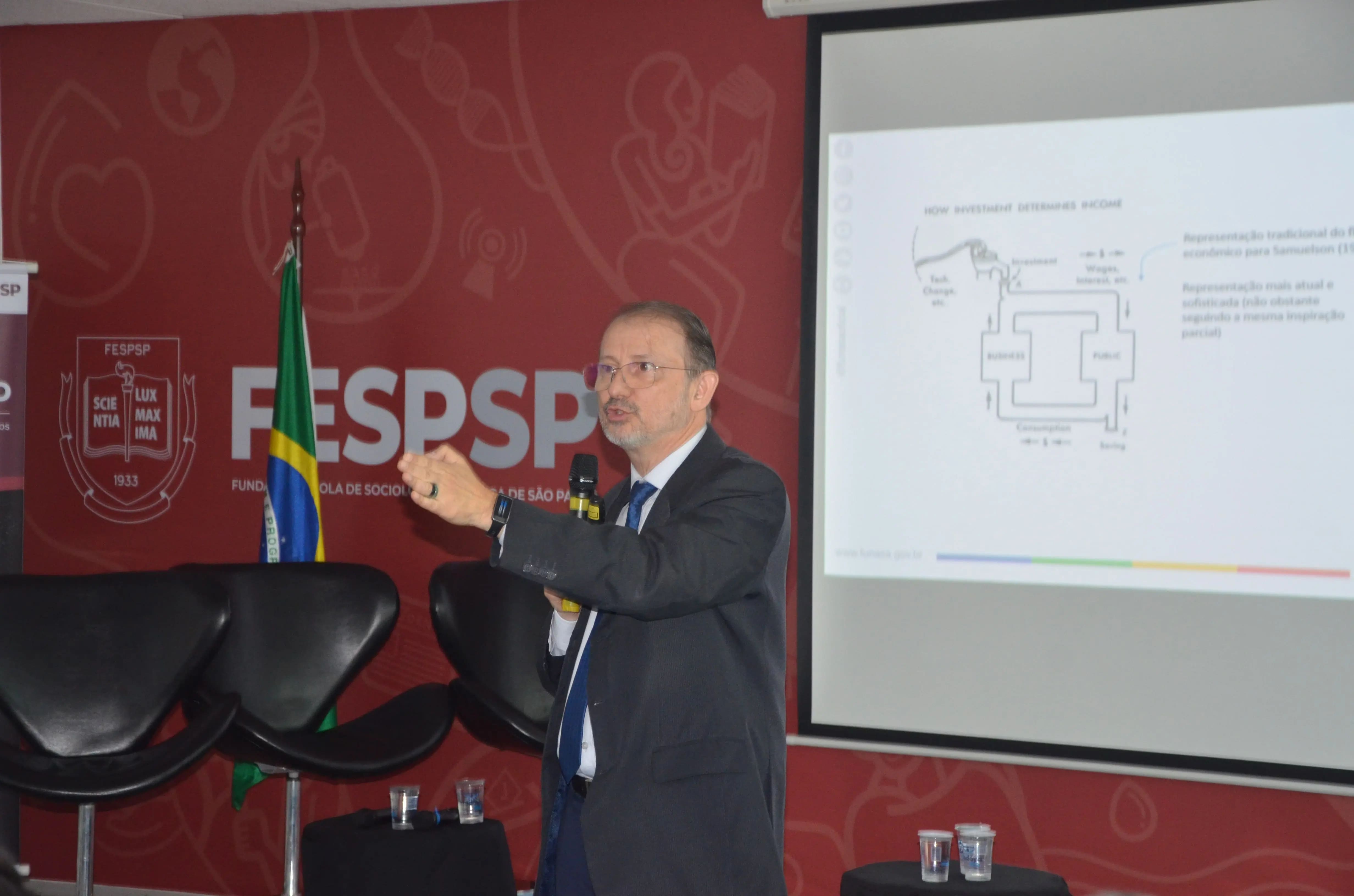 Homem palestrando e gesticulando; atrás dele, tela com slide técnico e logo da FESPSP.
