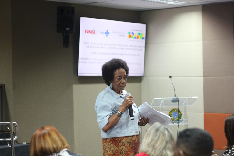 A consultora Darcy Ventura, em pé, gesticula enquanto ministra o conteúdo didático para o grupo de servidores.