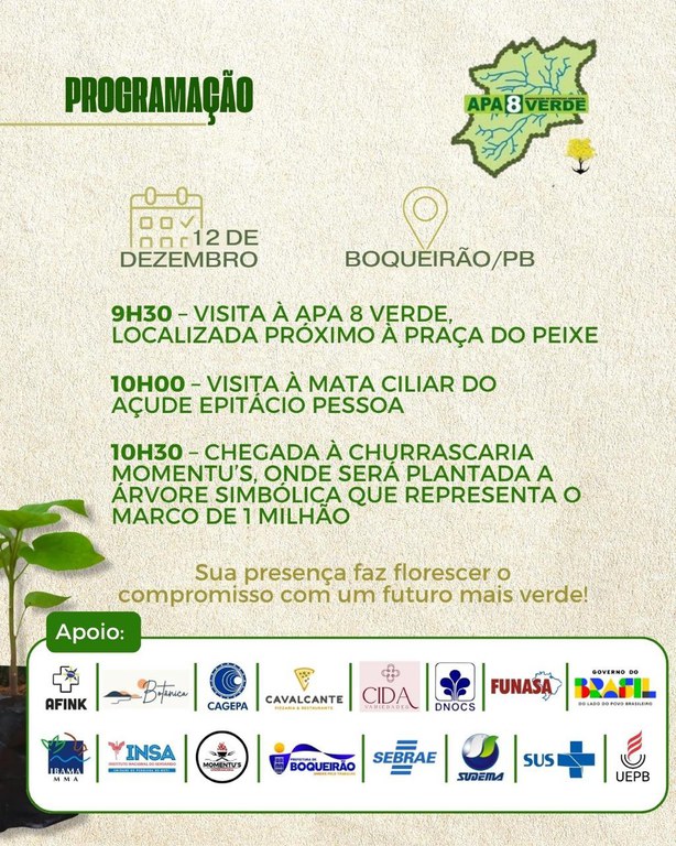 Arte gráfica com programação da APA 8 Verde em Boqueirão/PB, informando data, horários das visitas e plantio simbólico de árvore.