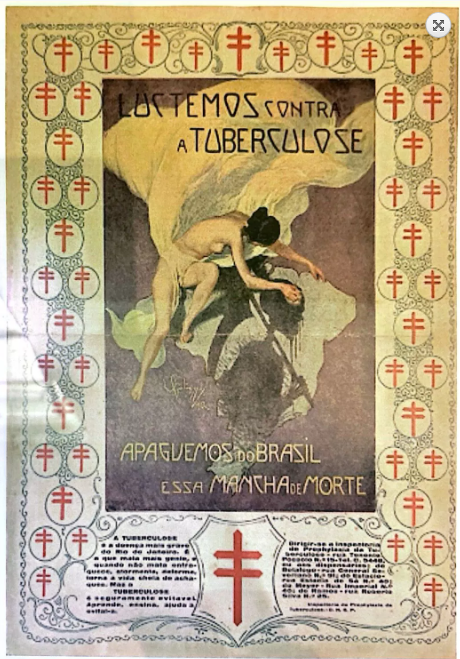 Cartaz antigo com figura cobrindo uma mancha no mapa do Brasil e texto Luctemos Contra a Tuberculose