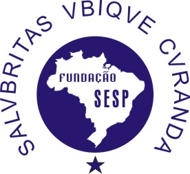 Logotipo circular azul da Fundação SESP com o mapa do Brasil e a inscrição Salvbritas Vbique Cvranda