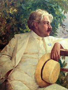 Pintura a óleo de Oswaldo Cruz sentado de perfil, vestindo terno branco e segurando um chapéu.