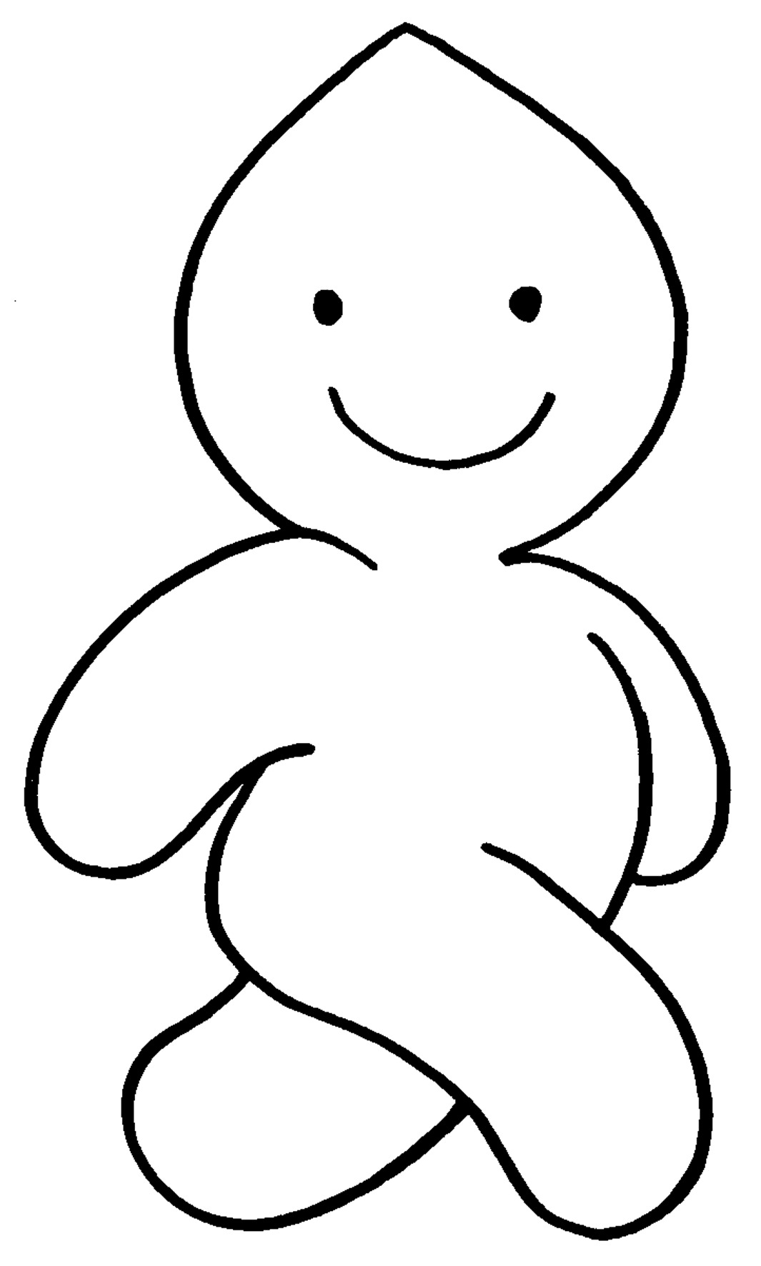 Desenho de contorno em preto e branco do boneco Zé Gotinha caminhando e sorrindo.