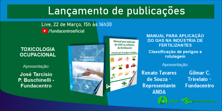 Card utilizado em live para o lançamento de publicações da Fundacentro: Toxicologia Ocupacional e Manual para aplicação do GHS na indústria de fertilizantes.