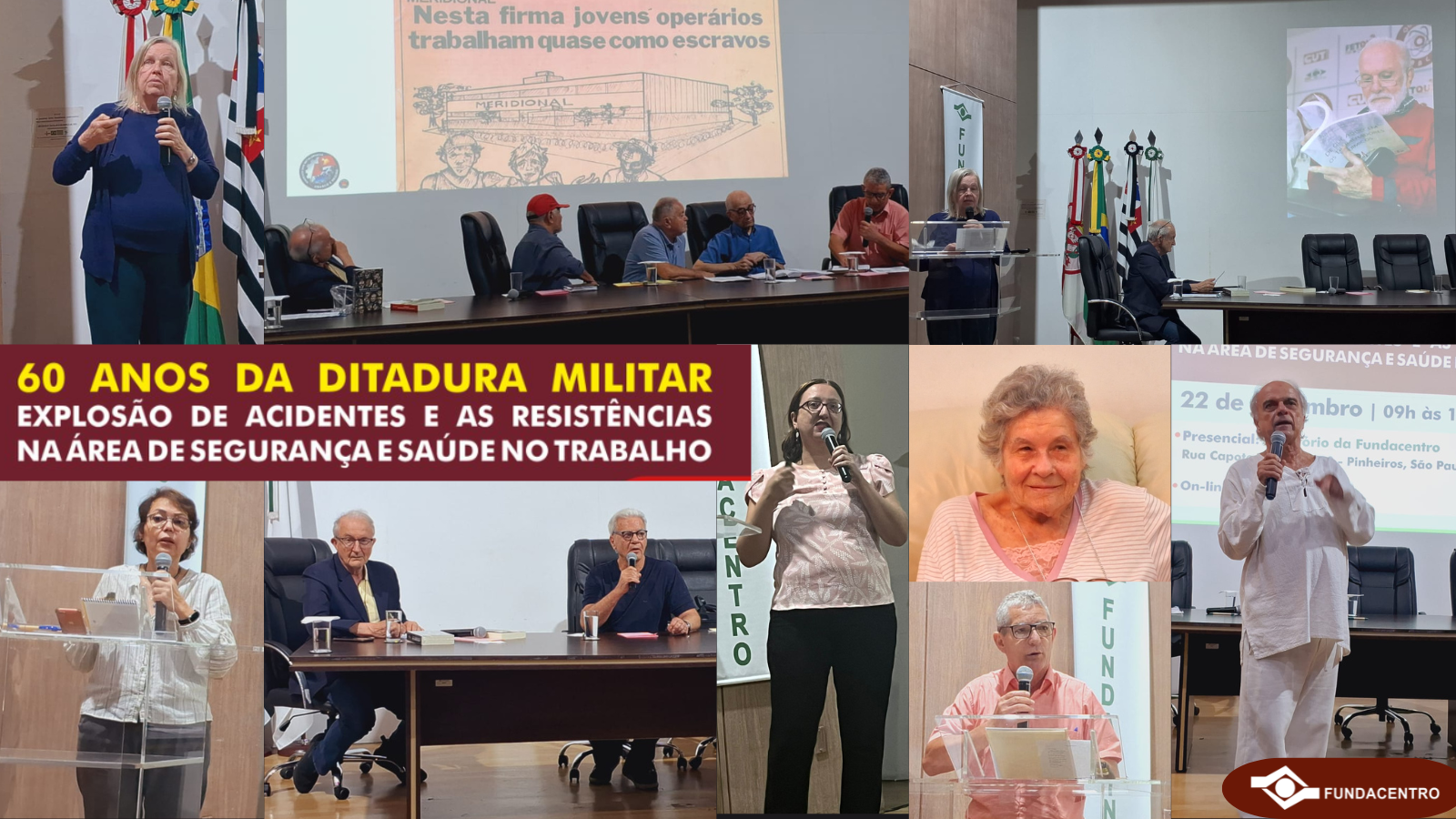 Mosaico de imagens de palestrantes e mesas do Seminário 60 anos da Ditadura Militar