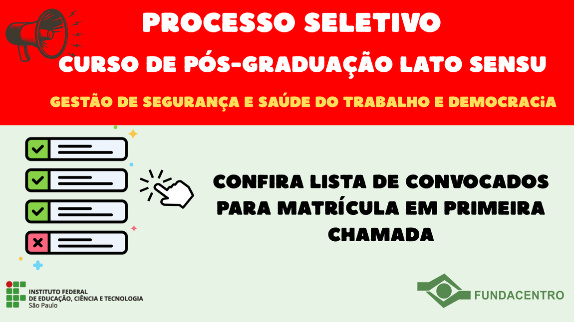 As aulas de especialização em Gestão de Segurança e Saúde do Trabalho e Democracia serão realizadas a partir de 30 de janeiro de 2026