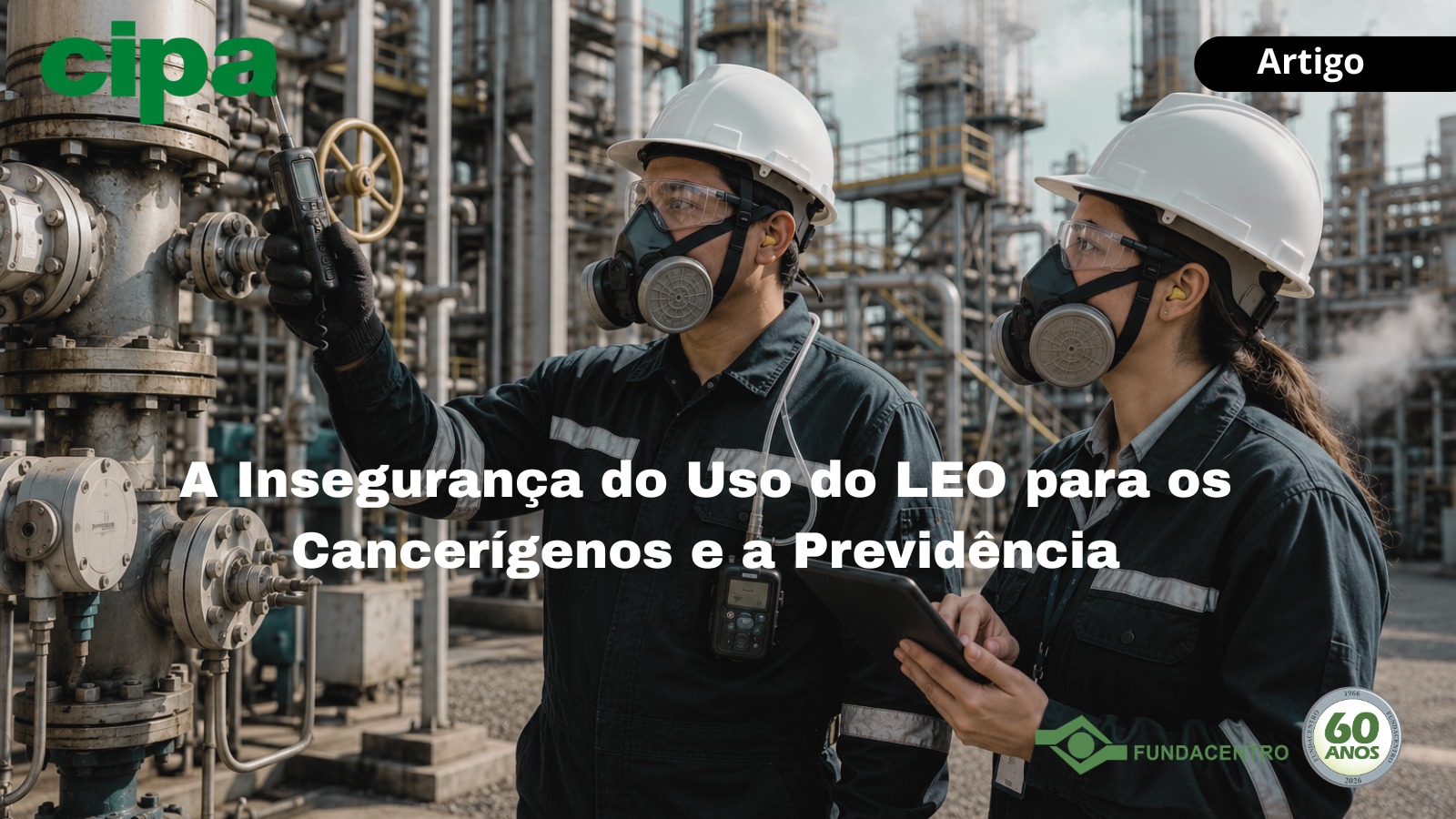 Para Todos Verem: Imagem de um trabalhador e de uma trabalhadora em uma indústria petroquímica (gerada por IA no Magnific), usando EPIs e fazendo medições. Nos cantos superiores, a logomarca da Revista Cipa e a palavra Artigo. No centro, o título: A Insegurança do Uso do LEO para os Cancerígenos e a Previdência. No canto inferior direito, a marca da Fundacentro e o selo dos 60 anos.