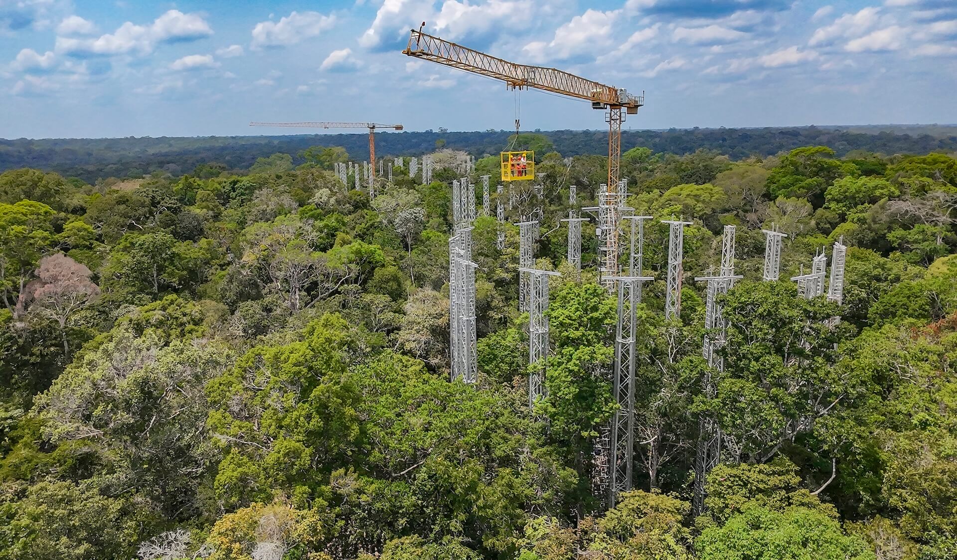Ministros de ciência e tecnologia de países do G20 tiveram a oportunidade de observar o experimento AmazonFACE de cima. A partir de um guindaste de 45 metros de altura eles avistaram a floresta e toda a infraestrutura do experimento | Foto: Audiovisual G20