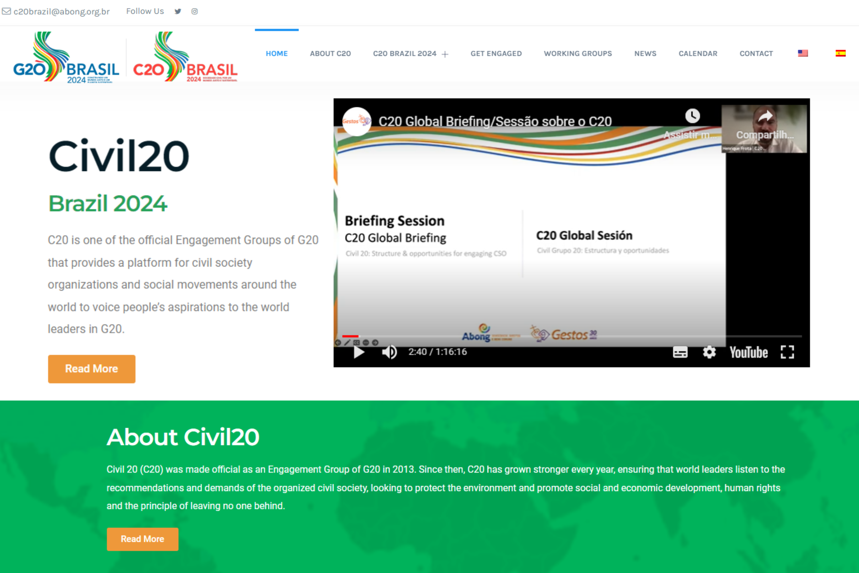 Página de entrada do site do C20, com opção trilingue. Imagem: Captura de tela C20