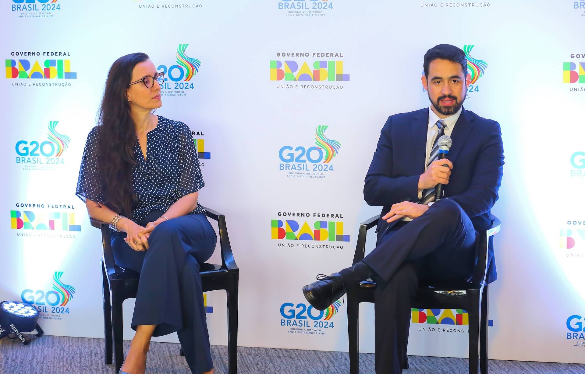 The Deputy Secretary for Sustainable Development Finance atf the Ministry of Finance, Ivan Oliveira, and the Deputy Head of the Central Bank of Brasil's International Relations Department, Cyntia Azevedo, during the balance of the Sustainable Finance WG. Photo: MF