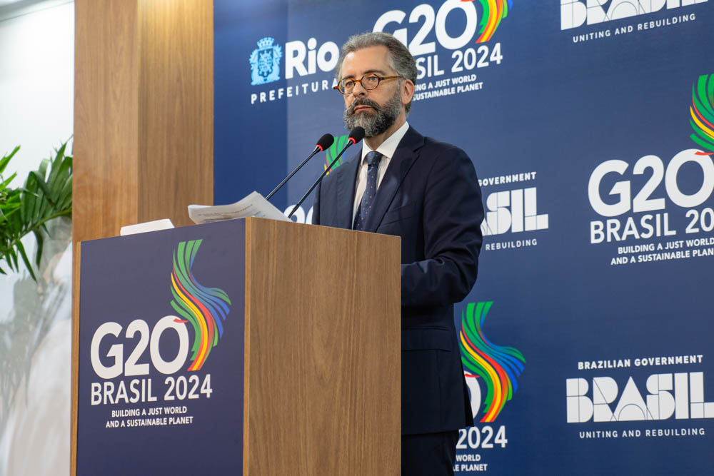 Brazilian Ambassador and Sherpa, Mauricio Lyrio, from the Ministry of Foreign Affairs (Ministério das Relações Exteriores /MRE), presented a positive assessment of the work of the G20 during the first semester | Photo: Audiovisual G20
