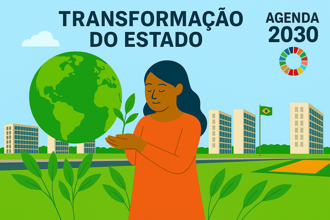 Imagem gerada por IA. [No topo da imagem, consta o texto: “Transformação do Estado”.À esquerda, planeta Terra em verde e azul. Ao centro, uma mulher de pele morena, cabelos longos e pretos, veste blusa laranja e segura uma muda verde com ambas as mãos. Ao fundo, vários prédios, representando a Explanada dos Ministérios. Na parte inferior, folhas verdes espalhadas reforçam o tema ambiental.]