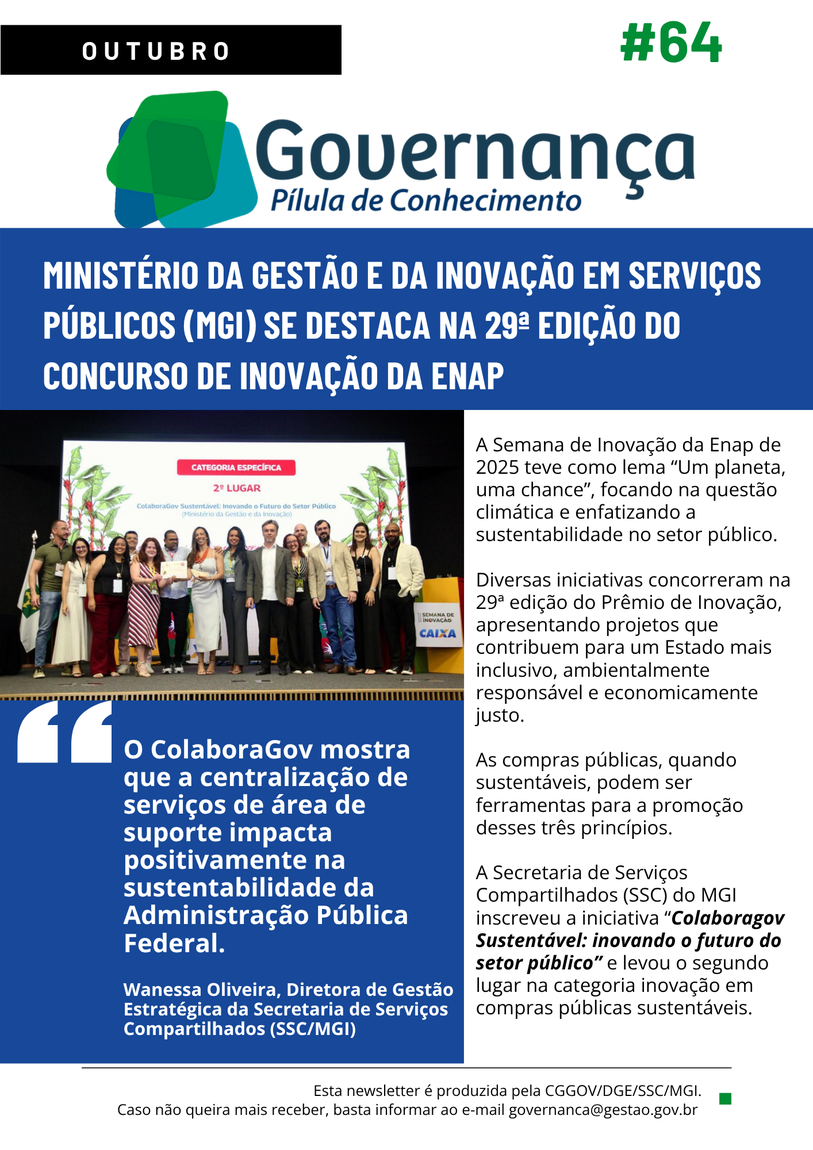 MINISTÉRIO DA GESTÃO E DA INOVAÇÃO EM SERVIÇOS PÚBLICOS (MGI) SE DESTACA NA 29ª EDIÇÃO DO CONCURSO DE INOVAÇÃO DA ENAP