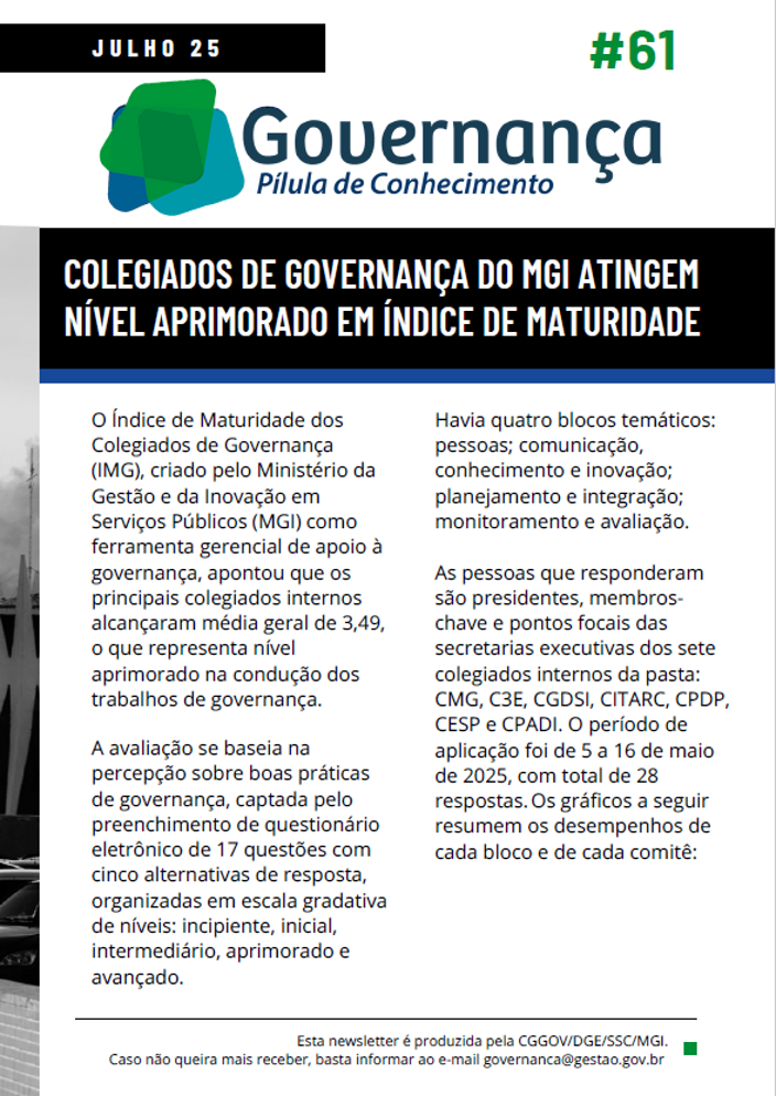 COLEGIADOS DE GOVERNANÇA DO MGI ATINGEM NÍVEL APRIMORADO EM ÍNDICE DE MATURIDADE