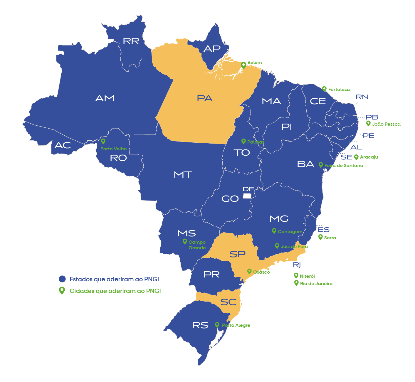Mapa do Brasil mostrando a adesão dos estados ao PNGI
