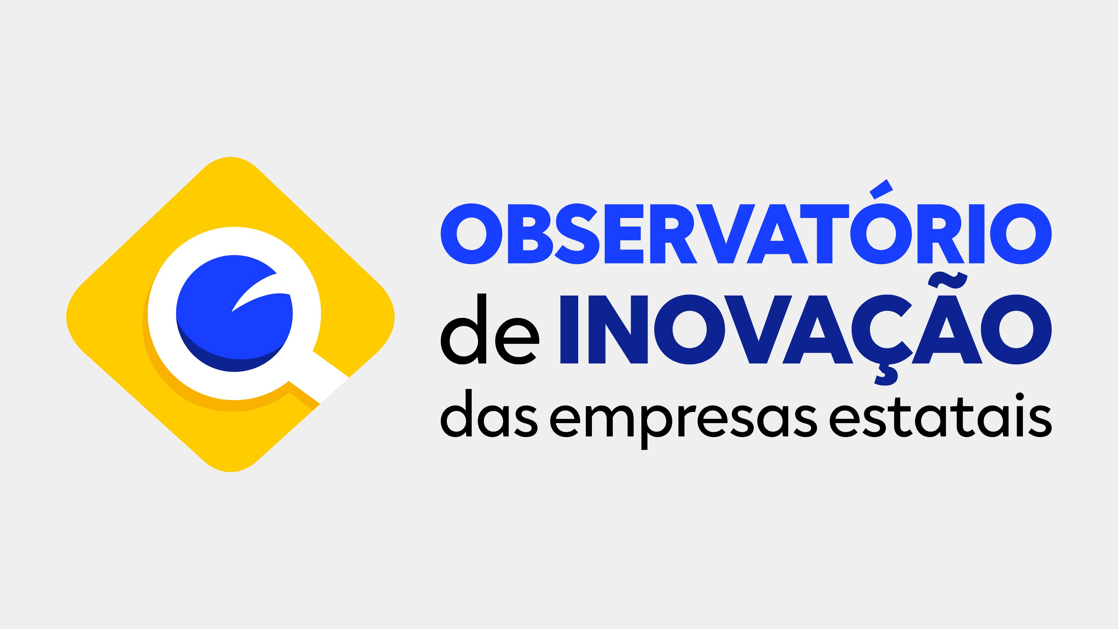 Imagem com fundo cinza claro, contendo à esquerda um símbolo gráfico em amarelo com formato geométrico envolvendo um círculo azul estilizado. À direita, aparece o texto “OBSERVATÓRIO” em letras grandes e azuis, seguido de “de INOVAÇÃO” (com “de” em preto e “INOVAÇÃO” em azul) e, abaixo, “das empresas estatais” em letras pretas. O conjunto representa uma identidade visual institucional voltada ao tema de inovação em empresas estatais.