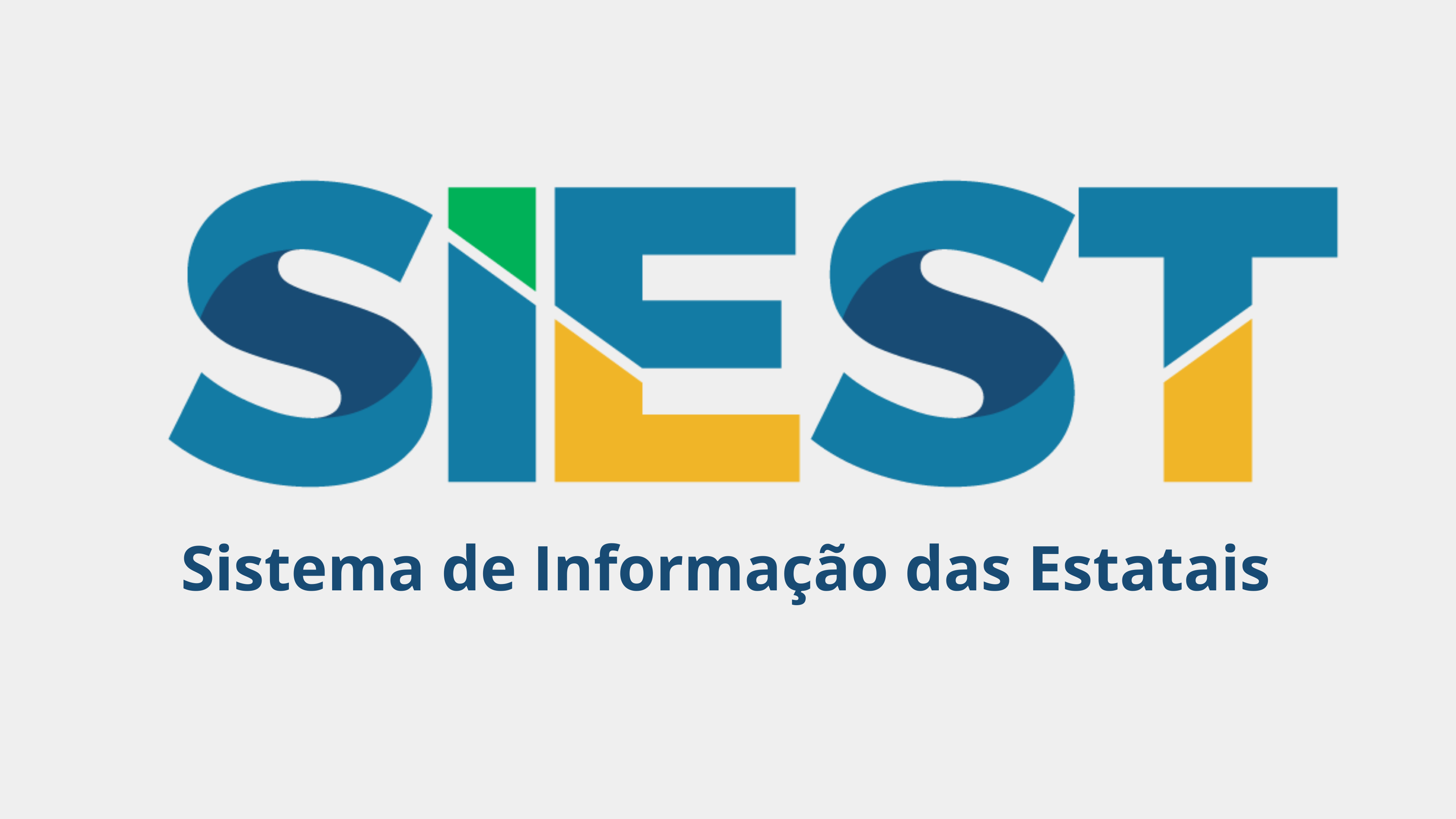 Imagem com fundo claro, contendo ao centro o logotipo “SIEST” em letras grandes e estilizadas em tons de azul, verde e amarelo. Abaixo, está o texto “Sistema de Informação das Estatais” em azul escuro. O conjunto apresenta uma identidade visual institucional associada a um sistema de gestão de informações sobre empresas estatais.