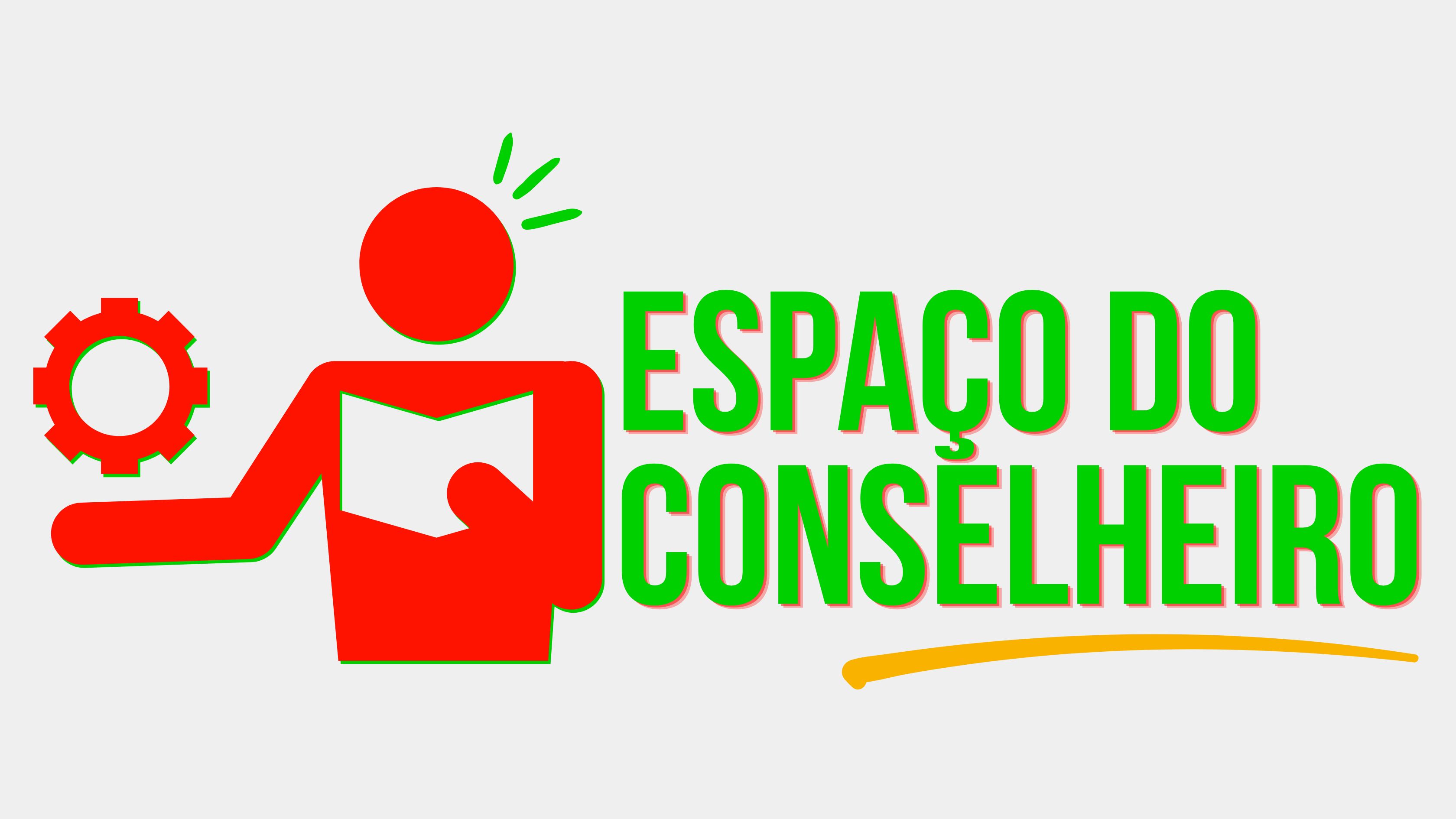 Imagem com fundo cinza, letras verdes escrito "Espaço do conselheiro", com um bonequinho acompanhado de uma engrenagem.