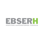 Logo sobre fundo claro com tipografia e cores discretas. À esquerda, aparece a sigla “EBSERH” em letras grandes maiúsculas na cor cinza. Abaixo, em tamanho menor, está o texto “HOSPITAIS UNIVERSITÁRIOS FEDERAIS” também em cinza. À direita da sigla, há um detalhe gráfico em verde formado por pequenos quadrados organizados em linhas, sugerindo tecnologia, organização ou rede institucional.